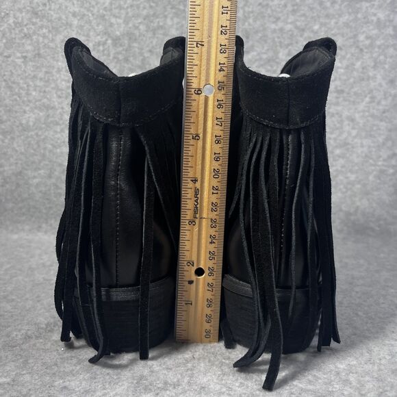 Black Fringe Ankle Boots Womens Size 8 Western Cowgirl Suede Pull On Booties - Picture 5 of 11